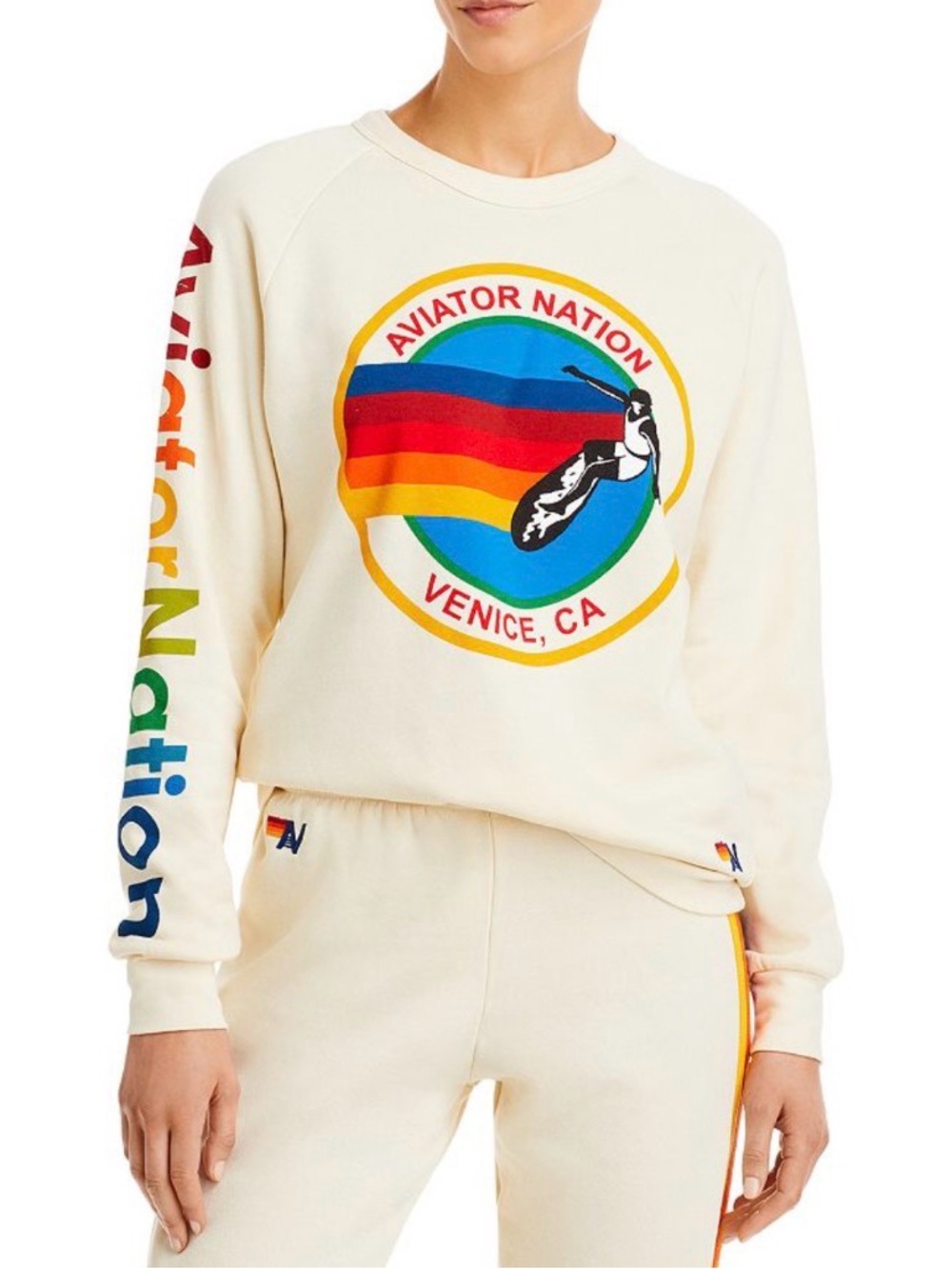Aviator Nation Cream Pullover with Rainbow Surf Logo
